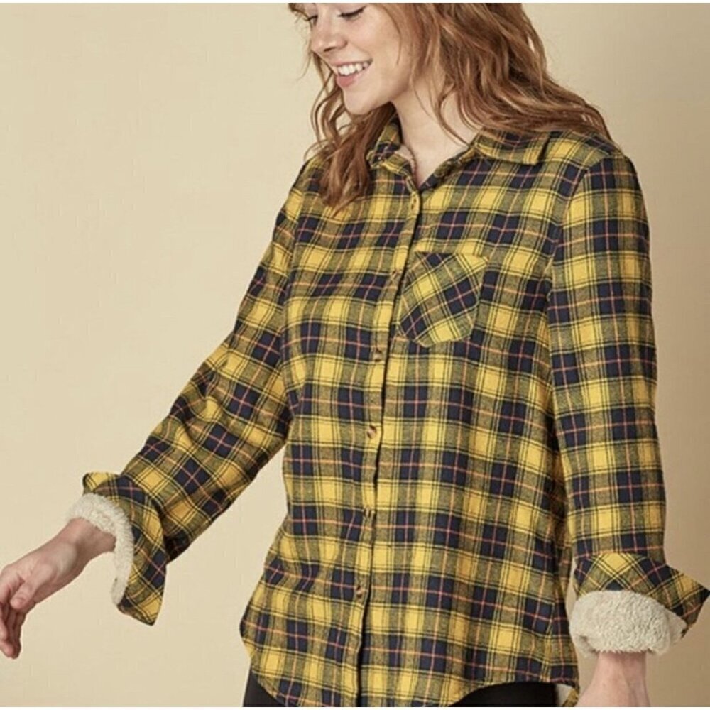 I Ivy yellow and navy plaid button up shirt with faux fur lining.